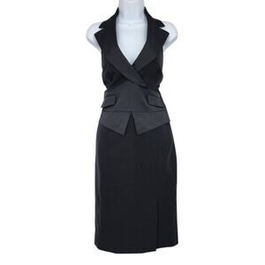 KAREN MILLEN Vintage Black Wool Tuxedo Halterneck Cocktail Pencil Dress Size 8